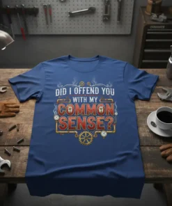 Did I Offend You With My Common Sense? text in steampunk style on a blue t-shirt