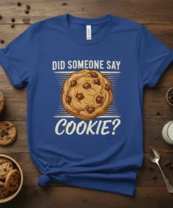 Did Someone Say Cookie? text with a chocolate chip cookie graphic on a royal blue t-shirt