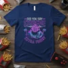 Did You Say Exercise Extra Fries? retro neon design on a navy blue t-shirt featuring french fries and a futuristic