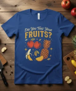 Did You Take Your FRUITS? text design with apples, banana, and pineapple graphics on a blue t-shirt