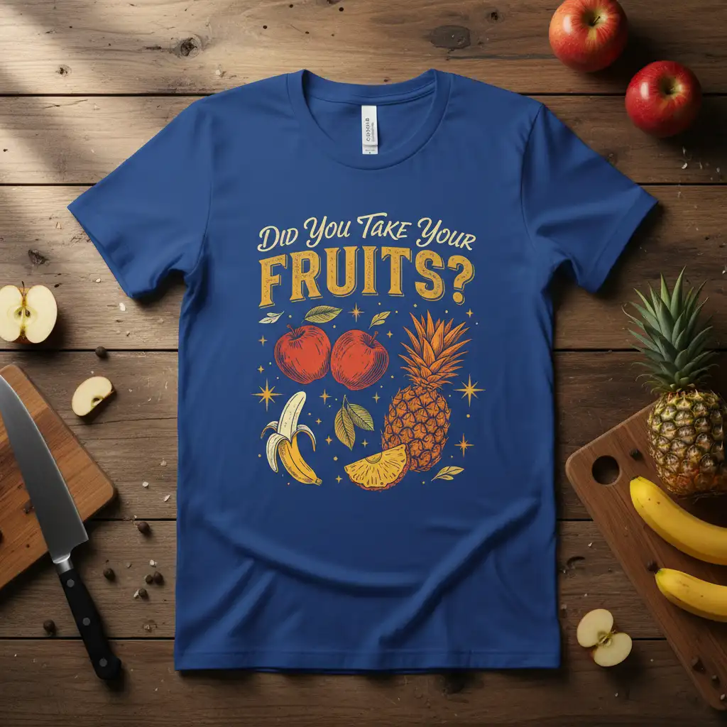 Did You Take Your FRUITS? funny fruit pun t-shirt with apples, banana, and pineapple illustration