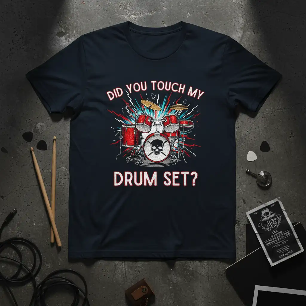 Did You Touch My Drum Set? quote on a t-shirt with a vibrant red drum kit and skull graphic