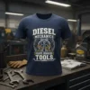Diesel Mechanics Have Bigger Tools quote with piston and wrench graphic on a navy blue t-shirt