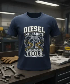 Diesel Mechanics Have Bigger Tools quote with piston and wrench graphic on a navy blue t-shirt