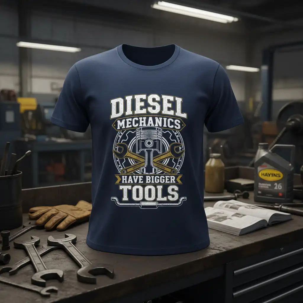 Diesel Mechanics Have Bigger Tools quote with piston and wrench graphic on a navy blue t-shirt design