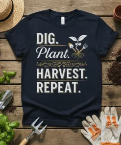 DIG. Plant. HARVEST. REPEAT. quote on a navy t-shirt, with gardening graphics and text