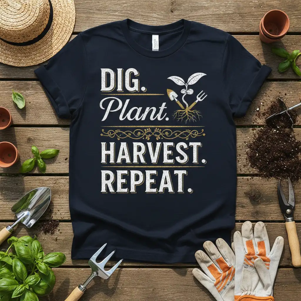 DIG. Plant. HARVEST. REPEAT. creative illustration printed on durable material creating a standout t-shirt
