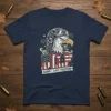 DILF Damn I Love Freedom T-Shirt with patriotic eagle wearing a helmet, American flag letters, and fireworks detail