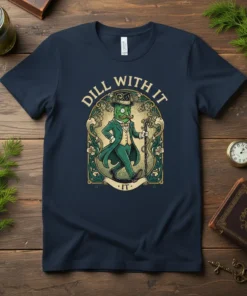 Dill With It T-Shirt featuring a distinguished pickle character in a top hat and suit, holding a cane. The text