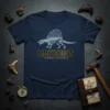Dimetrodon Permian Synapsid skeleton graphic on a navy t-shirt, featuring detailed bone structure and text