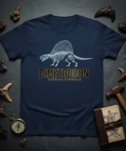 Dimetrodon Permian Synapsid skeleton graphic on a navy t-shirt, featuring detailed bone structure and text