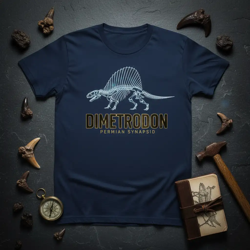 Dimetrodon Permian Synapsid skeleton design with scientific text on a navy blue t-shirt