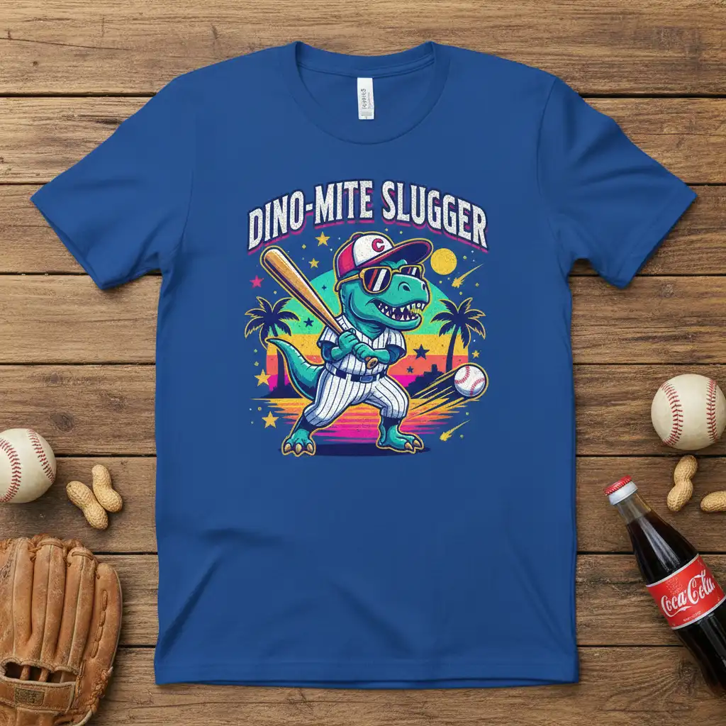 Dino-Mite Slugger text with a T-Rex baseball player graphic on a vibrant retro sunset background