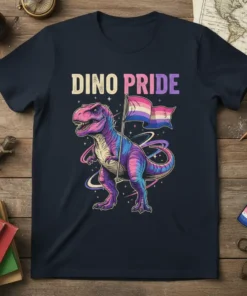 Dino Pride t-shirt with a colorful T-Rex dinosaur holding a bisexual pride flag, surrounded by cosmic swirls and stars
