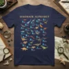 Navy t-shirt displaying the Dinosaur Alphabet with various dinosaur illustrations and their names from A to Z