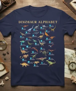 Navy t-shirt displaying the Dinosaur Alphabet with various dinosaur illustrations and their names from A to Z