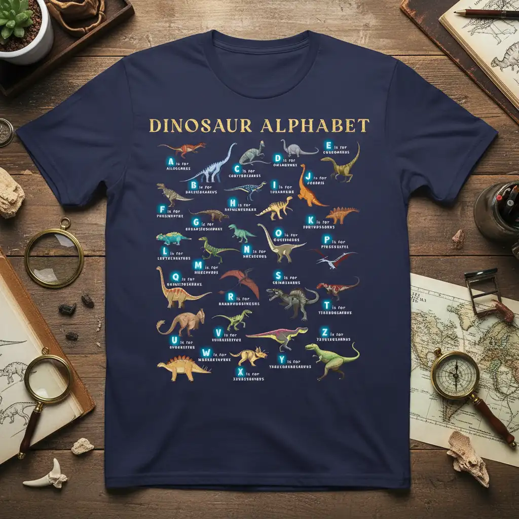 Dinosaur Alphabet T-Shirt featuring illustrations of various dinosaurs for each letter from A to Z