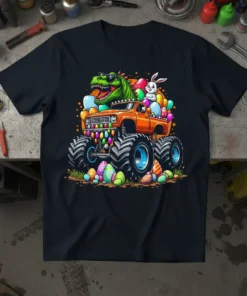 Dinosaur Easter Monster Truck Tee featuring a green T-Rex in sunglasses on an orange monster truck with Easter eggs and