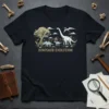 Dinosaur Evolution t-shirt design showing various dinosaurs like a Brachiosaurus, Triceratops, and Pterodactyl in a prehistoric landscape