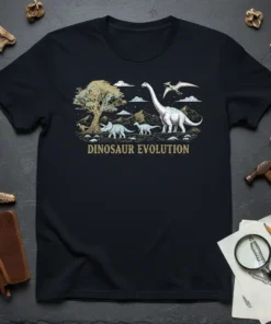 Dinosaur Evolution t-shirt design showing various dinosaurs like a Brachiosaurus, Triceratops, and Pterodactyl in a prehistoric landscape