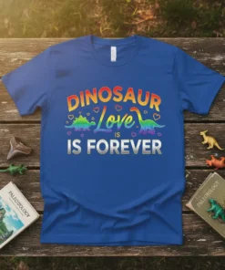 Dinosaur Love Is Forever T-Shirt with rainbow text and cute dinosaur graphics, perfect for dinosaur lovers
