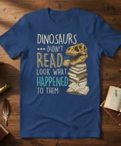 Dinosaurs Didn't Read Look What Happened To Them quote with dinosaur skull and stack of books graphic on a blue