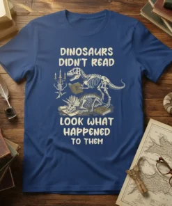 Dinosaurs Didn't Read Look What Happened To Them text with T-Rex and Triceratops skeletons reading books