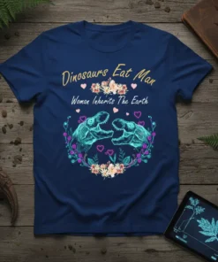 Dinosaurs Eat Man Woman Inherits The Earth quote with two T-Rex heads and floral wreath design on a navy t-shirt
