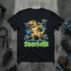 DINOSORE t-shirt design with a muscular yellow dinosaur lifting weights and kettlebells in a gym setting