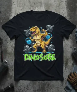 DINOSORE t-shirt design with a muscular yellow dinosaur lifting weights and kettlebells in a gym setting