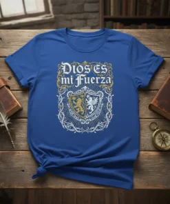 Dios Es mi Fuerza Christian T-Shirt with shield graphic and decorative border, Spanish faith quote