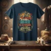 Dirt Is Cowgirl Glitter text design with a cowgirl riding a horse graphic and roses, on a navy t-shirt