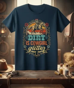 Dirt Is Cowgirl Glitter text design with a cowgirl riding a horse graphic and roses, on a navy t-shirt