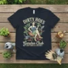 Dirty Hoes Garden Club t-shirt with Dirty Hands & Clean Food text and vintage woman gardening graphic