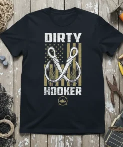 Dirty Hooker fishing t-shirt design with crossed fishing hooks over an American flag graphic