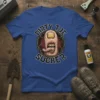 DIRTY TOE SUCKER text design with a grotesque toe character in a circular frame, on a blue t-shirt