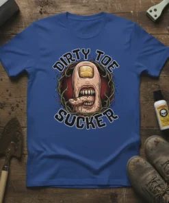 DIRTY TOE SUCKER text design with a grotesque toe character in a circular frame, on a blue t-shirt
