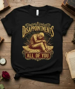 Disappointments All Of You quote on a black t-shirt, featuring a hooded figure sitting dejectedly