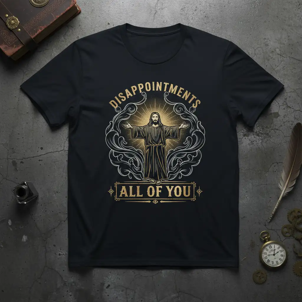 Disappointments All Of You Jesus graphic tee with bold text and religious illustration
