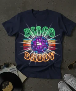 Disco Daddy t-shirt design with neon green text and a purple disco ball on a navy shirt