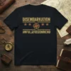 Black t-shirt with gold text "DISEMBARKATION AWFUL, WOULD NOT RECOMMEND" and a compass graphic