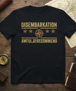 Black t-shirt with gold text "DISEMBARKATION AWFUL, WOULD NOT RECOMMEND" and a compass graphic