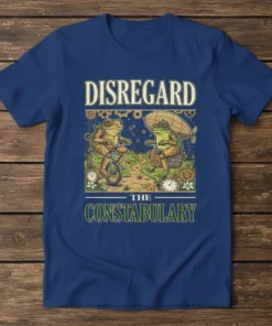 Disregard The Constabulary steampunk t-shirt with frogs on a bicycle and airship, featuring gears and clocks