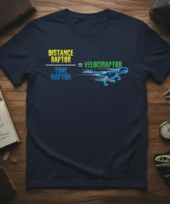 Distance Raptor Time Raptor Velociraptor science equation t-shirt with a blue velociraptor graphic