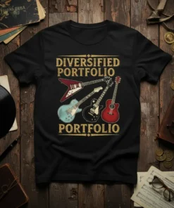 Diversified Portfolio Guitar T-Shirt featuring a collection of electric and acoustic guitars with the text "Diversified Portfolio PORTFOLIO"