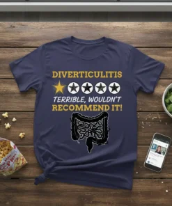 Diverticulitis Terrible Wouldn't Recommend It t-shirt with a one-star rating graphic and intestine illustration