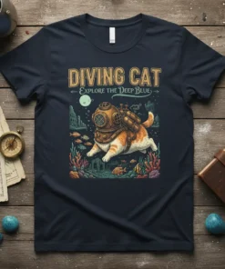 Diving Cat Explore the Deep Blue t-shirt with a cat in vintage diving gear exploring underwater ruins and fish