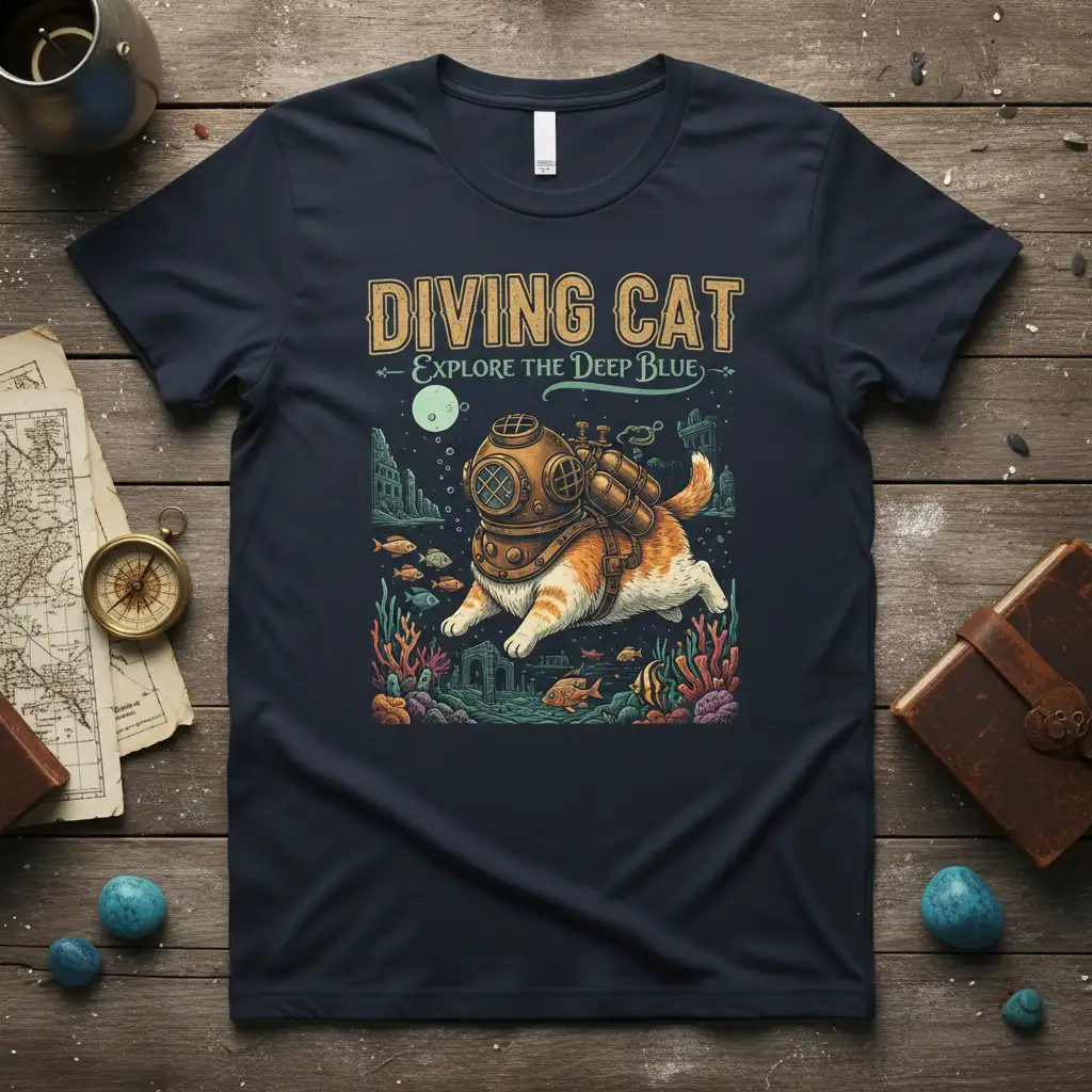 Diving Cat Explore the Deep Blue graphic t-shirt with a cat in vintage diving gear underwater