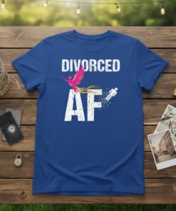 Divorced AF t-shirt with a pink phoenix and a stick figure running away, symbolizing new beginnings