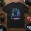 DJ Bigfoot Master t-shirt design featuring Bigfoot as a DJ with neon city background and vinyl records